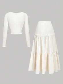 SHEIN MOD 2 件套：修身长袖方领上衣和层叠百褶裙，日常休闲装，白色裙子和上衣套装，奶油色两件套，夏季两件套裙，女士 2 件套裙，层叠裙套装，女士秋季服装 - 白色 - 查看 2