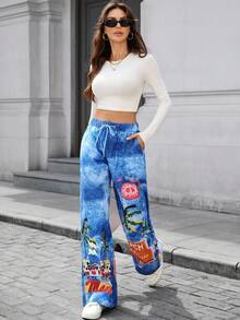 SHEIN LUNE 休闲时尚个性阔腿宽松抽绳女式牛仔裤 - 藍色 - 查看 6