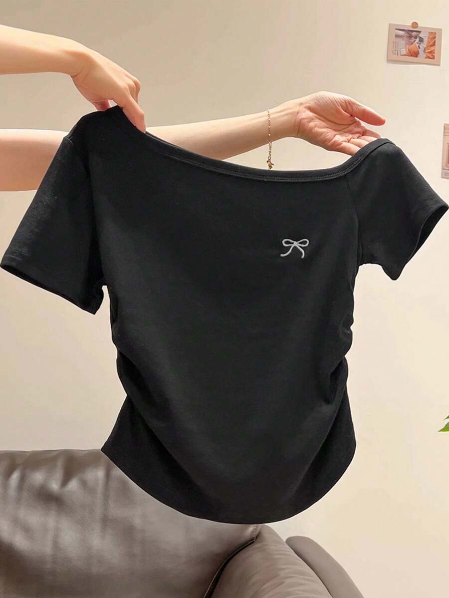 INAWLY Women's Summer New Sexy Asymmetrical Shoulder Bowknot Embroidery Ruffle Slim Fit Revealing Shoulder T-Shirt - Black - View 1