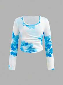 SHEIN 青少年女孩蓝色休闲花卉印花长袖锁眼腰部褶饰紧身连衣裙（含短裙）两件套 - 藍色 - 查看 9