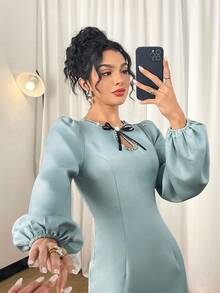 Modelyn Women's Lantern Sleeve Fashion Bow Decor Fitted Split Hem  Fall Clothes For Women  Wedding Guest Dress Elegant - Mint Green - View 3