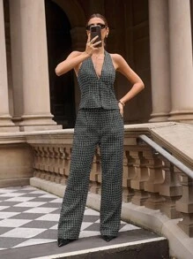 Lavishia Black & White Plaid Tweed V-Neck Sleeveless Buttoned Crop Top + Fitted Straight Leg Pants Women's 2 Pieces Set, Suitable For Early Autumn Commuting - Black - View 6