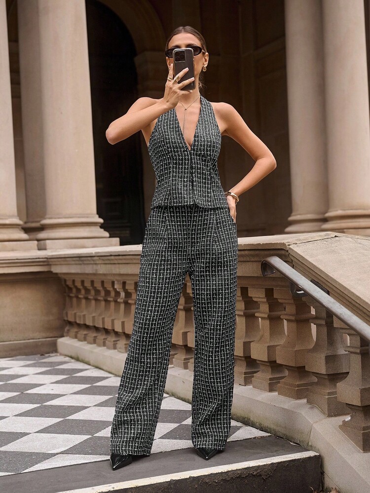 Lavishia 黑白格子粗花呢V领无袖纽扣短款上衣+修身直筒裤女两件套，适合初秋通勤 - 黑色 - 查看 6