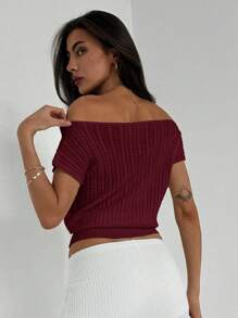Aloruh Camiseta de mujer de punto texturizado, ajustada a la cintura, con hombros descubiertos, de estilo minimalista y elegante - Granate - Ver 2