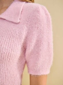 SHEIN Unity Women's Light Pink Autumn Casual Lounge 2 Pieces Set,Fluffy Heart Button Short Sleeve Sweater And Low Waist Shorts,Warm Gentle Elegant Style,Dates - Pink - View 3
