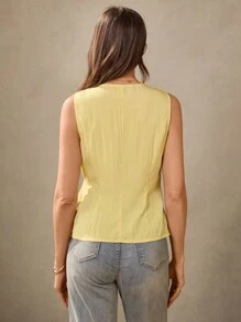 Wildy Casual American Country Style Cream Yellow Vest With Thin Straps, Suitable For Teachers, Office Commute, Vintage Look Yellow Summer Top Women Summer Blouse Top Light Yellow Top Yellow Tie Top Wrap Top Yellow Wrap Top Criss Cross Top Women Yellow Summer Top Western Wear Women Country  Teacher Outfits For Women - Yellow - View 6
