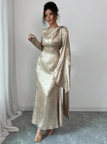 Elenzga 女士天鹅绒面料喇叭袖不对称设计后系腰鱼尾优雅中长连衣裙，适合日常通勤 - 金色 - 查看 7