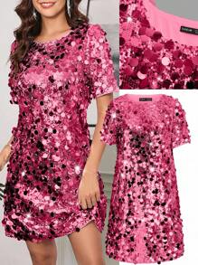 Ellevyn Silver Sequins Decor Belted Cocktail Dress, Suitable For Date Night, Party, Wedding