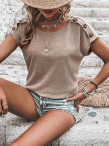 SHEIN LUNE Button Detail Batwing Sleeve Tee - Khaki - View 1