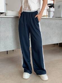 SHEIN Teen Girls Black Star Pattern Casual Loose Elastic Waist Sweatpants With Pockets - Navy Blue - View 4