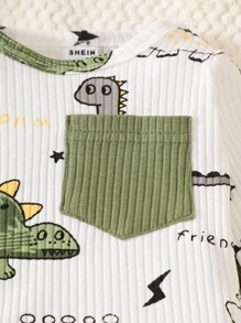 SHEIN 新生男宝宝白坑图案卡通恐龙图案印花拼接绿口袋长袖上衣配绿裤两件套可爱休闲运动时尚新款 - 彩色 - 查看 8