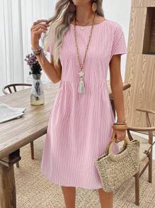 EMERY ROSE 女装夏季休闲条纹圆领连衣裙粉色条纹夏装短袖夏装夏季休闲连衣裙女度假连衣裙纯棉夏装 - 粉色 - 查看 10