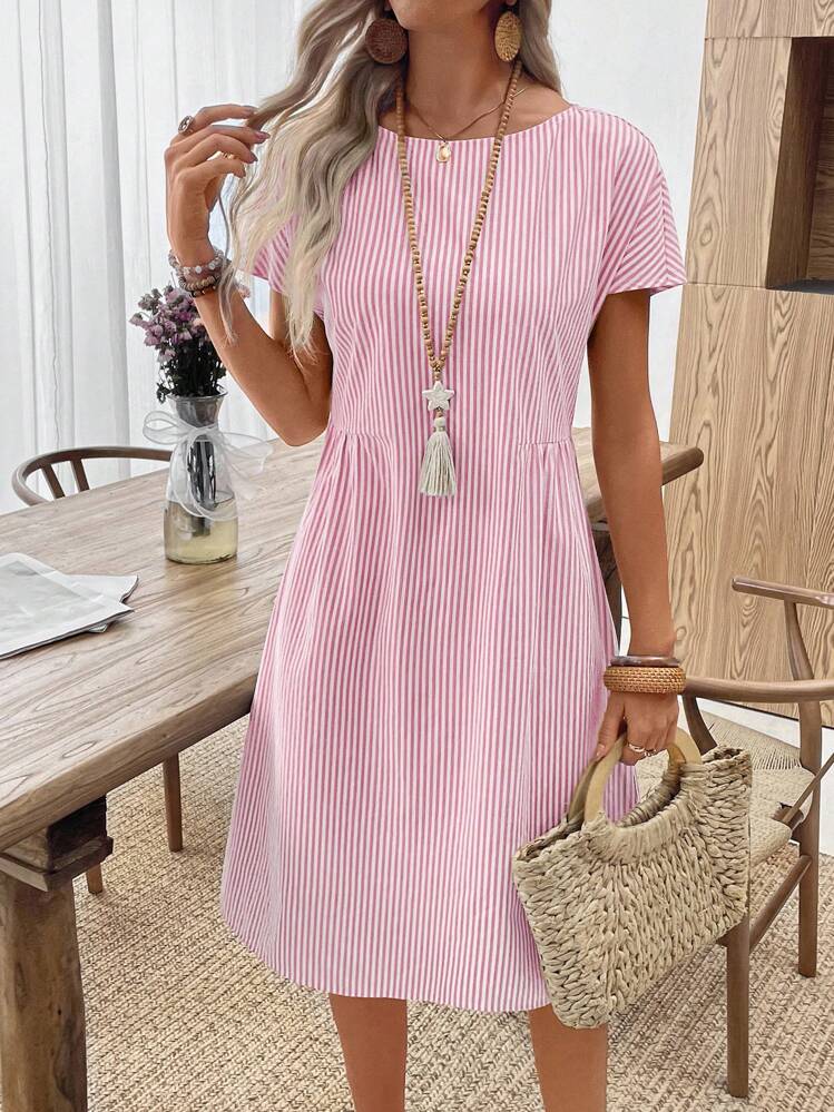 EMERY ROSE 女装夏季休闲条纹圆领连衣裙粉色条纹夏装短袖夏装夏季休闲连衣裙女度假连衣裙纯棉夏装 - 粉色 - 查看 10