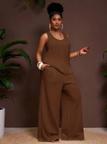 Slaydiva 2025 Neue Frühling/Sommer Damen Große Größen Vintage Western/Tropical/Musik Festival/Club/Roadtrip//Lässige Straße/Stadt Urlaub/Abschlussfeier Outfit 2-teiliges Set - Ärmellose Bluse mit U-Ausschnitt und strukturierter transparenter Bluse mit elastischer Taille und weite Hose - Braun - Übersicht 6