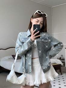 SHEIN 少女时尚休闲 Y2K 复古酷炫闪亮钻石蓝牛仔宽松翻领长袖外套，柔软日常穿着，适合春夏秋冬锐舞节、海滩街头风，闪亮牛仔外套，水钻牛仔外套 - 藍色 - 查看 2
