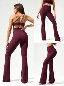 GLOWMODE 35英寸 FeatherFit™ Go Groove 超长喇叭紧身裤 低冲击瑜伽普拉提工作室日常休闲装 - 酒紅色 - 查看 8