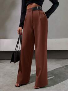 SHEIN Tall Tall Size Brown Belted Extra Long Straight Leg Woven Fabric Pants For Women - Brown - View 5