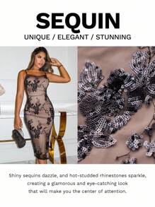 Xyvia Embroidered Sequin Embellishment Bodycon Midi Dress For Women - Black - View 7