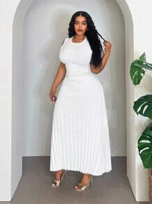 Veslaya 2025秋冬新款大码女装/秋季女装/返校季/校园装/Y2K/街头风/约会/工作/办公室/机场女装/派对/通勤/优雅/鸡尾酒会/朋克/颓废/情人节/通勤组合白色羊毛衫圆领无袖珍珠扣长裙 - 白色 - 查看 4