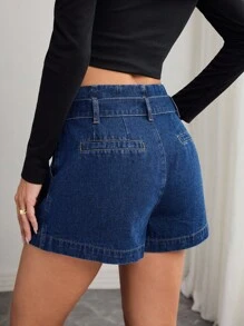 Elenzga Women's Buckle Design Pocket Pleated Loose Casual Denim Shorts - Dark Wash - View 2