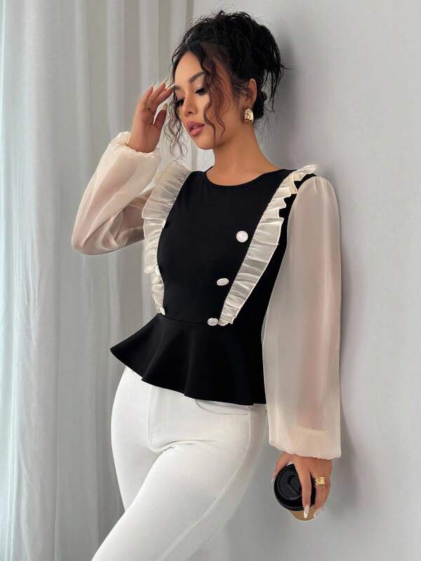 Elenzga Elegant Organza Patchwork A-Line Fitted Long Sleeve T-Shirt, Autumn/Winter Fall Cloth For Women