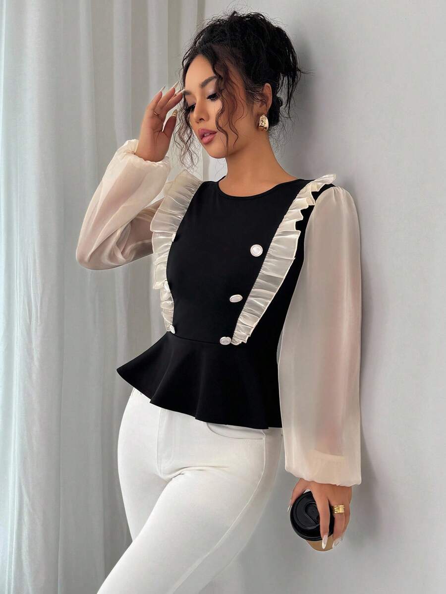 Elenzga Elegant Organza Patchwork A-Line Fitted Long Sleeve T-Shirt, Autumn/Winter Fall Cloth For Women - Black - View 1