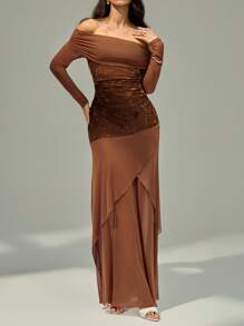 Modelyn 女士纯色刺绣露肩优雅中长连衣裙，时尚、休闲、优雅的女士秋季连衣裙，适合派对、生日和晚会，万圣节服装，以及适合妈妈的连衣裙。时尚、优雅的女士亮片印花植绒面料和弹力面料连衣裙。 - 棕色 - 查看 5