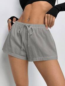 SHEIN PETITE Quần short lưng rút màu trơn đơn giản cho nữ - Màu xám đen - Xem 7