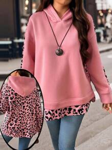 EMERY ROSE Sweatshirt Lengan Panjang Wanita Ukuran Plus Motif Leopard Kontras dengan Lapisan Fleece, Atasan Kasual untuk Aktivitas Luar Ruangan, Pullover Gaya Unik untuk Musim Gugur dan Musim Dingin. - MultiWarna - View 1