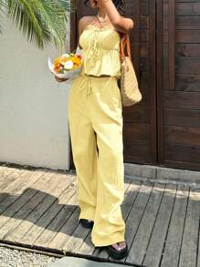 SHEIN EZwear Yellow Boho Two-Piece Outfit With Strapless Bandeau Top And Wide-Leg Pants Butter Yellow Two Piece Set - Yellow - View 5