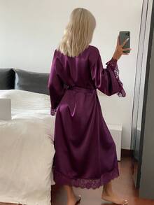DAZY Charming Satin Contrast Lace Long Robe For Women, Fall Pajama - Purple - View 2