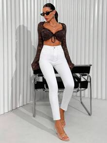 EURMUSE Stretchiga vita skinny jeans med hög midja, avslappnade - Vitt - Visa 3