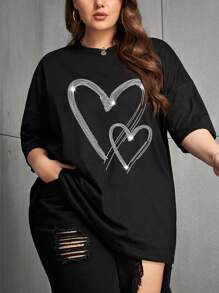 SHEIN Plus Size Women's Rhinestone Heart Dropped Shoulder Loose Casual Round Neck T-Shirt