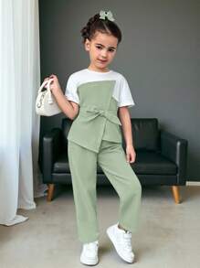 Firerie Kids Firerie Kids 2pcs/Set Young Girl Knit Patchwork Contrast Color Top And Woven Long Pants