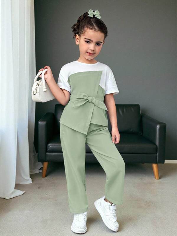 Firerie Kids Firerie Kids 2pcs/Set Young Girl Knit Patchwork Contrast Color Top And Woven Long Pants