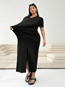 Solflare Casual Versatile Black Split Short Sleeve Plus Size Dress - Black - View 5