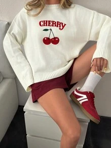 SHEIN Oversized Crew Neck Knit Sweater With CHERRY Embroidery,Jumper,Cream Jumper,Jumpers For Women,Jumpers,Black Jumper,Womens Jumper,White Jumper,Women's Jumper,Women's Jumpers,Winter Clothes