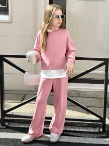 青春期女孩粉色、旅行、春夏、假期、返校节、休闲针织拼布、编织标记、圆领长袖上衣和裤子套装、返校毕业服装 - 粉色 - 查看 4