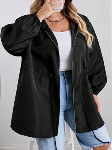 SHEIN CURVE+ Curves Plus Size/Chool Clothes/Back To School Clothes /Back To SchoolPlus Size Women's Autumn Zip-Up Drawstring Waist Hooded Black Jacket Plus Size Jacket Plus Size Plus Size Shirts 8xl Women Clothes Plus Size Black Jacket,Fall Clothes For Womenfall Clothes For Women,Winter,CURVE PLUS
