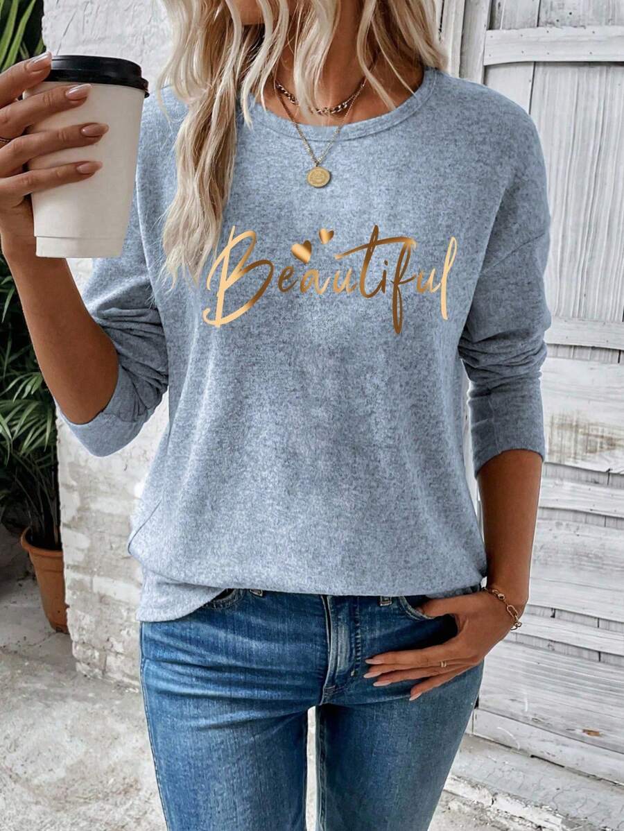 EMERY ROSE Women's Letter Print Round Neck Drop Shoulder Long Sleeve Casual Loose T-Shirt, Christmas