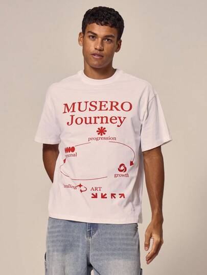Musero Journey 图案宽松T恤，艺术印花落肩设计，适合春季、夏季、度假和假日穿着。