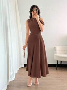 Elenzga 女士优雅奢华正式长裙，不对称肩部，褶皱细节，A 字形，拉链开合，适合万圣节、圣诞节、国庆节、新年派对、毕业典礼、婚礼，棕色 - 咖啡 - 查看 3