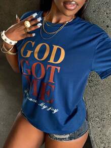 Rovax 标语印花短袖T恤上帝赐予我平安喜乐图案T恤女款上衣 - 藍色 - 查看 4