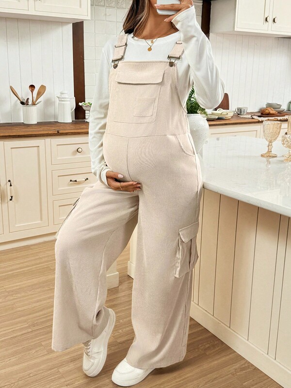 SHEIN Maternity Solid Color Pocket Casual Versatile Sleeveless Jumpsuit  Fall Clothes Fall Winter Clothes Wide Leg Junpsuit Bib Overalls Women Maternity Jumpsuits Cotton Jumpsuits For Women Casual Jumpsuits For Women Maternity Overalls