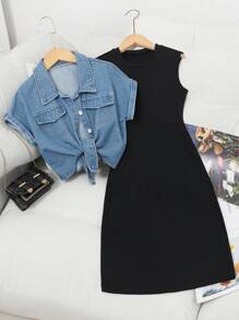 Sparklyn 2pcs/Set Tween Girls Blue Washed Twist Denim Cropped Top + Black Knit Camisole Dress, Casual Versatile Outfit - Black - View 1
