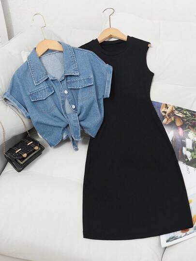 Set 2pcs/Set untuk Anak Perempuan Remaja: Atasan Crop Denim Biru Langit dengan Detail Pudar dan Gaun Camisole Rajut Hitam, Pakaian Kasual Serbaguna Gaya 80-an, Musim Panas, Sekolah/Kursus