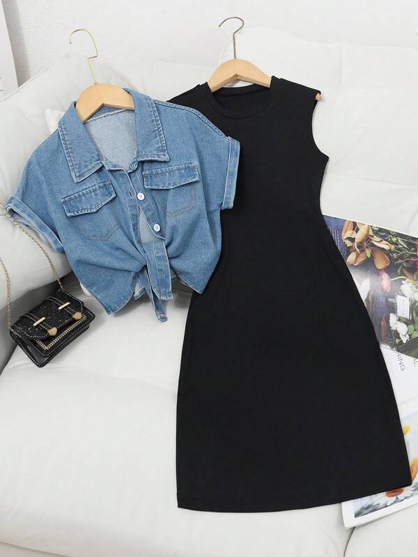 Sparklyn 2pcs/Set Tween Girls Blue Washed Twist Denim Cropped Top + Black Knit Camisole Dress, Casual Versatile Outfit