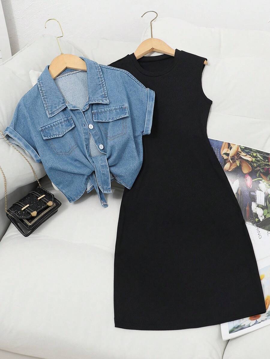 Sparklyn 2pcs/Set Tween Girls Blue Washed Twist Denim Cropped Top + Black Knit Camisole Dress, Casual Versatile Outfit - Black - View 1