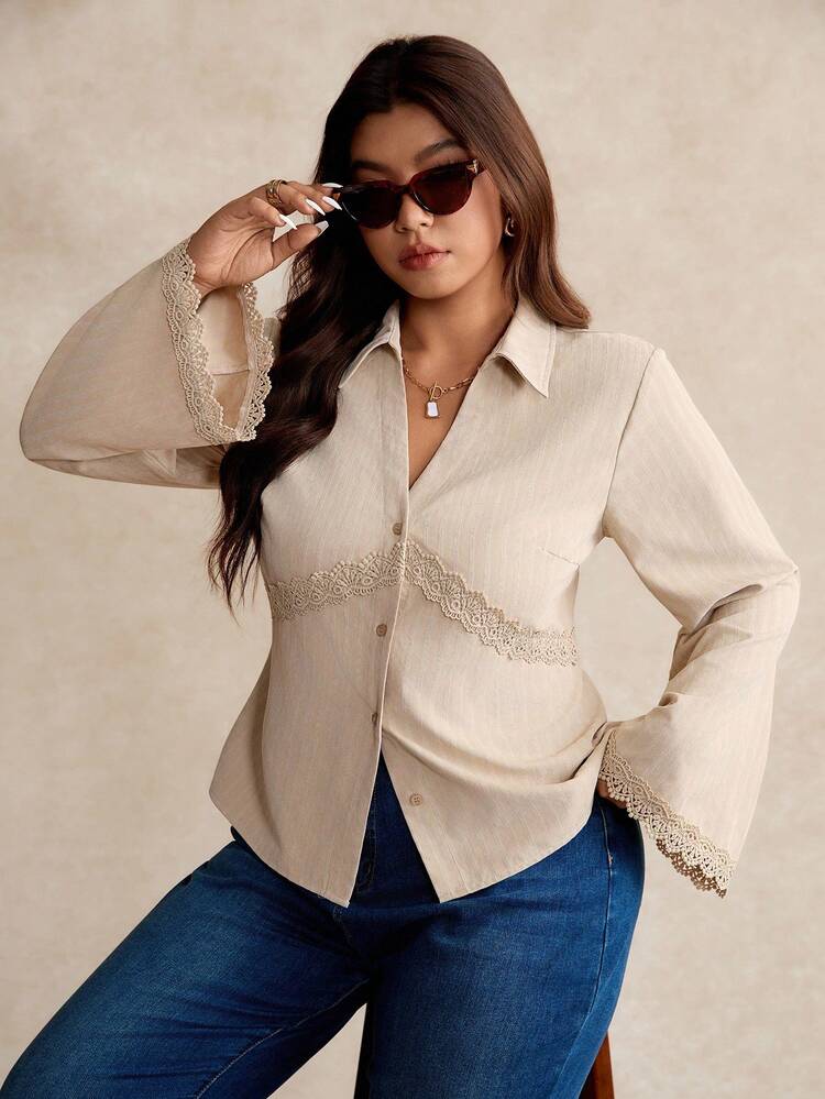 Elaquor Plus Size Women's Fashionable Elegant Lace Patchwork Button Down Long Sleeve Shirt Clothes For Women Spring - Apricot - View 6
