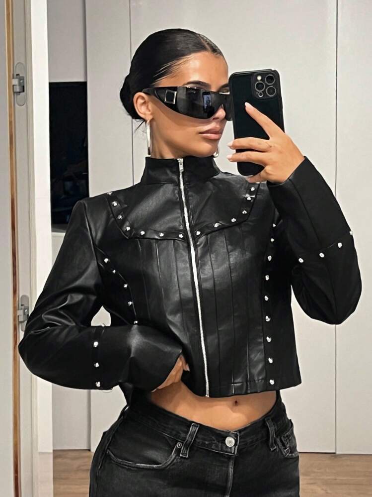 SHEIN ICON Áo khoác da PU tay dài màu đen đính đinh tán Goth phong cách Goth ... - màu đen - Xem 13